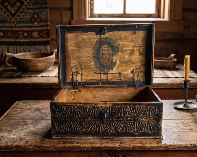 18th Century Norwegian Hand Carved Wood Chest | Antique Folk Art Box with Original Working Lock | Black Painted Karveskurd Strong Box