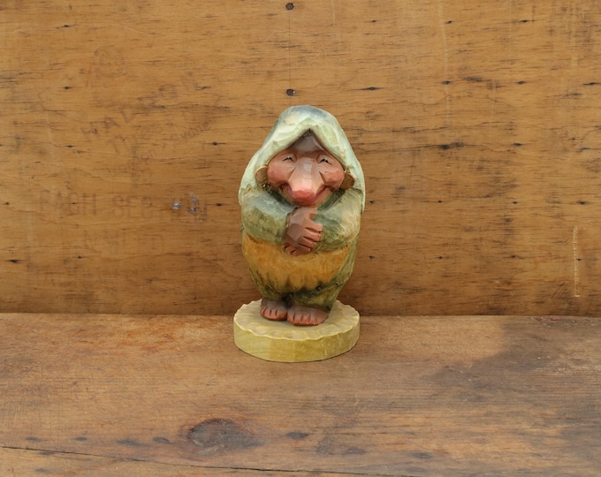 Vintage Norwegian Hand Carved Henning Figurine - Wooden Troll Woman - Charming Scandinavian Collectible