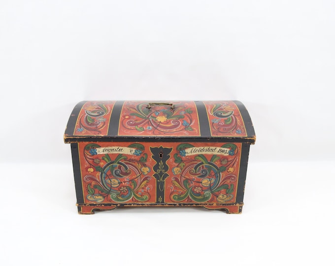 Antique Norwegian Rosemaling Chest 1903 | Hand Painted Folk Art Kiste Telemark | Dated Wooden Storage Chest