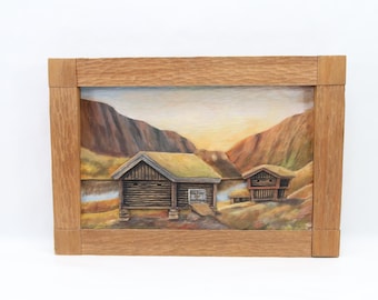 Vintage Norwegian Hand Carved Relief 1952 | Signed Solberg Folk Art Wall Panel | Wooden Landscape with Cabins | Rustic Scandinavian Decor