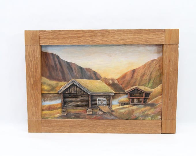 Vintage Norwegian Hand Carved Relief 1952 | Signed Solberg Folk Art Wall Panel | Wooden Landscape with Cabins | Rustic Scandinavian Decor