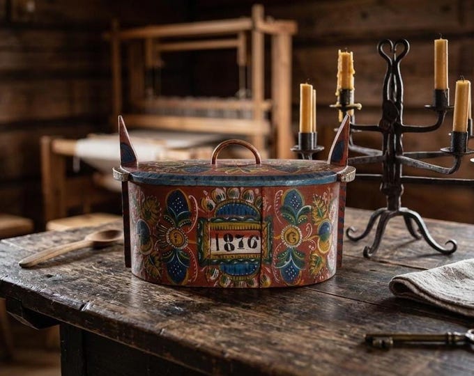 1870s Norwegian Os Rosemaling Tine Box | Antique Bridal Bentwood Chest Dated 1876 Folk Art Painted Wood Dowry Casket Storage Box