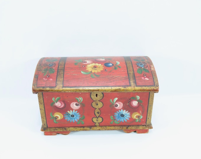 Norwegian Hand Painted Box Early 1900s Bergen | Os Style Rosemaling Folk Art | Floral Chest | Antique Jewelry Storage