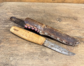 Rustic Norwegian Hand-Forged Knife with BO Stamped Blade - Decorated Sheath - Great for Knife Collectors
