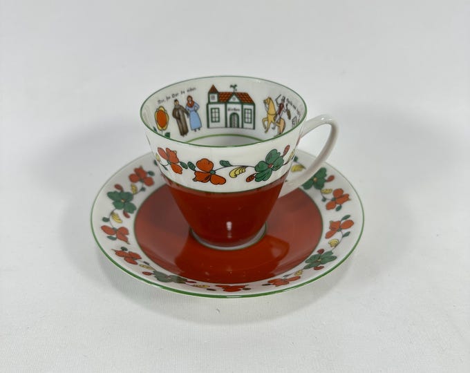 Vintage Norwegian Porsgrund Porcelain Rare Cup and Saucer - Wedding Procession - Scandinavian Folk Art