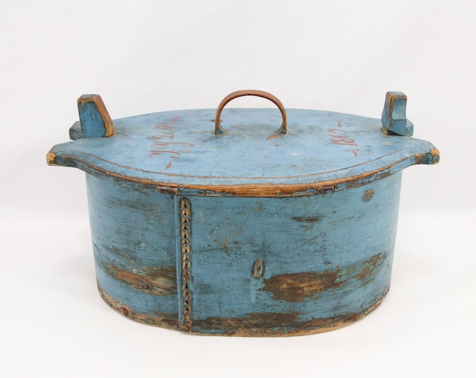 Antique Norwegian Blue Bentwood Tine Box 1862 | Hand Painted Scandinavian Folk Art Storage Box | Rustic Nordic Decor | Signed & Dated