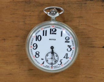 Vintage Mechanical Pocket Watch Molniya | USSR 1970s Collectible | Soviet Train Motif | Retro Timepiece | Gift for Him