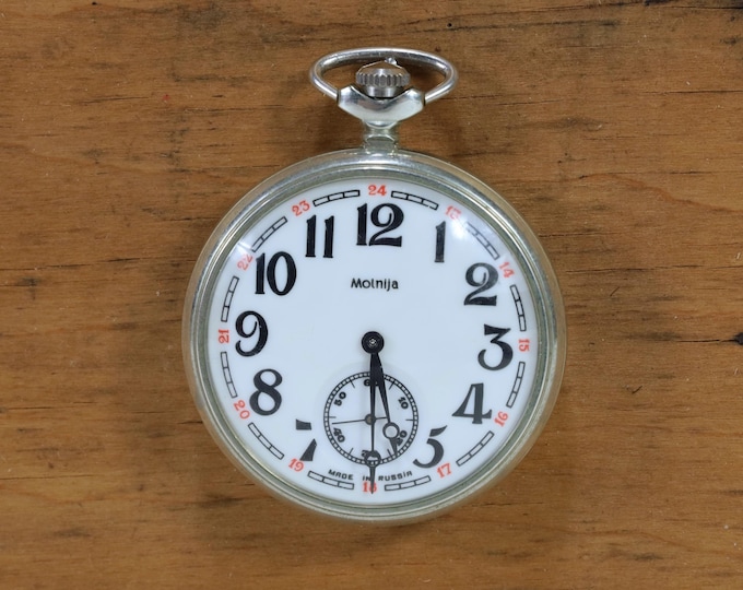 Vintage Mechanical Pocket Watch Molniya | USSR 1970s Collectible | Soviet Train Motif | Retro Timepiece | Gift for Him