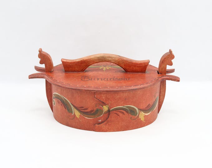 Vintage Norwegian Bunadsølv Box | Hand Painted Rosemaling Bentwood Jewelry Chest | Folk Art Wooden Storage with Lid Handle 1970s