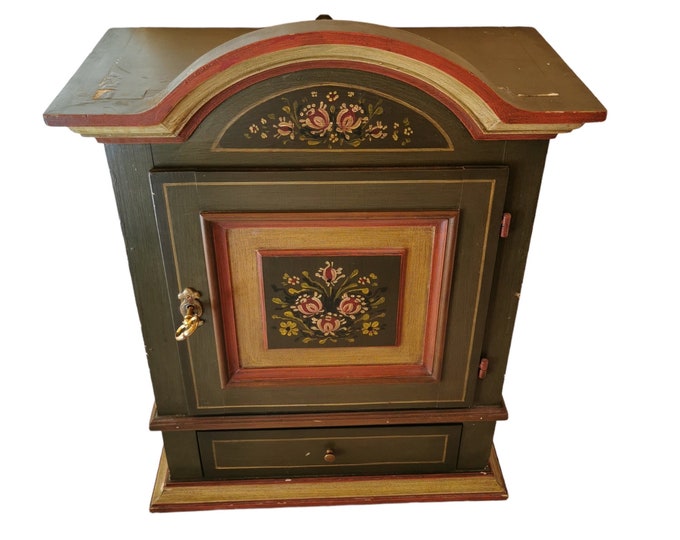 Vintage Norwegian Handpainted Cabinet | Nordic Farmhouse Decor with Traditional Rosepainted Patterns