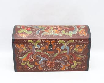 Vintage 1960s Norwegian Telemark Rosemaling Jewelry Chest | Hand Painted Folk Art Wooden Box Dated 1965