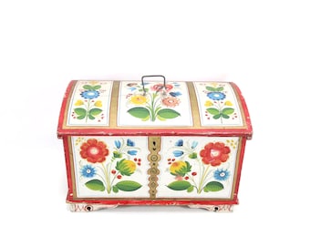 Vintage Norwegian Os Painted Chest | Hand Painted Folk Art Box | Early 1900s Scandinavian Trunk | Rustic Nordic Decor | Floral Keepsake Box