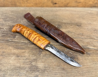 Norwegian Knife 1970s Curly Birch Handle | Hand Forged Blade | Carved Leather Sheath Acanthus Pattern | Folk Art Collectible