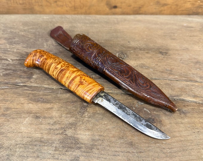 Hand-Forged Norwegian Knife with Nordic Carved Sheath - Hunting and Fishing Knife