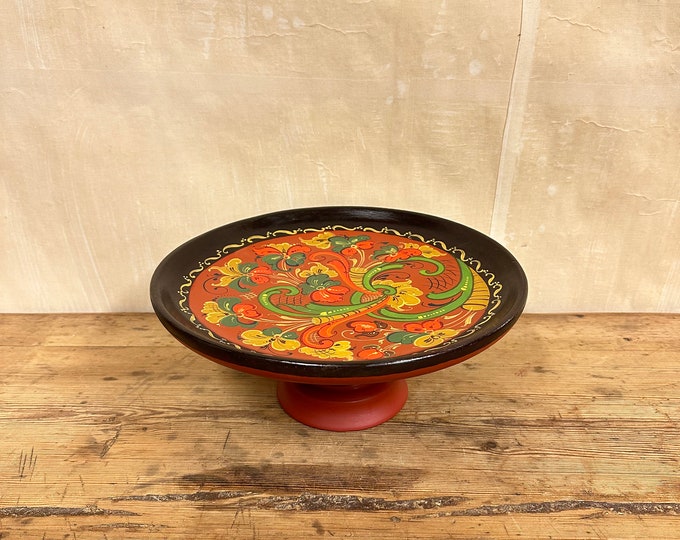 Charming Vintage Norwegian Turned Wood Cake Stand from Bergen - Exquisite Carvings and Beautiful Rose Painting
