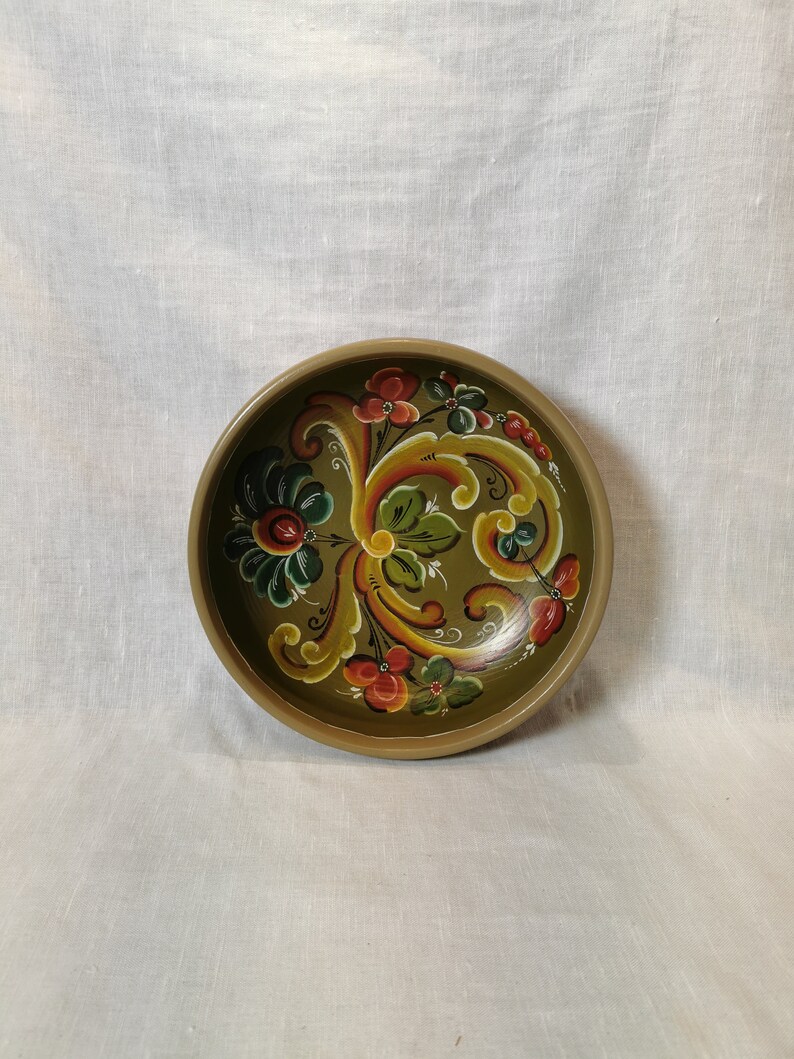 Vintage Norwegian folk art Rosemalt wooden bowl