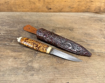 Norwegian Knife 1960s O.O.Mostad Signed | Burled Flame Birch Handle | Bone Mounts | Hand Carved Leather Sheath | Nordic Folk Art