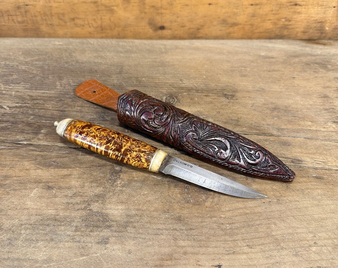Handcrafted Norwegian Forged Knife by Olaf Mostad with Flame Birch Handle and Leather Sheath