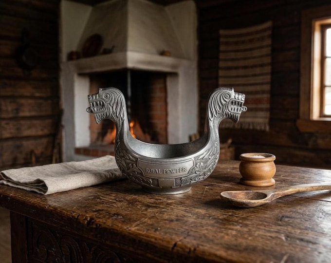 Vintage Norwegian Royal Pewter Kjenge Bowl | Viking Dragon Handle Ale Cup Style Dish | Hardanger Norway Nordic Decor