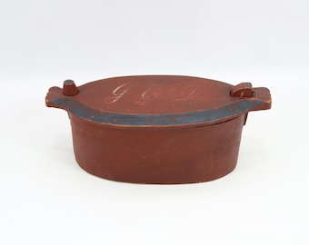 Antique Norwegian Oval Tine Box | 1800s Folk Art Bentwood Jewelry Box Red Painted with Blue Trim Rustic Scandinavian Decor