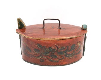 Antique 19th Century Norwegian Oval Bentwood Box | Hand Painted Rosemaling Folk Art Red Wooden Storage with Iron Handle