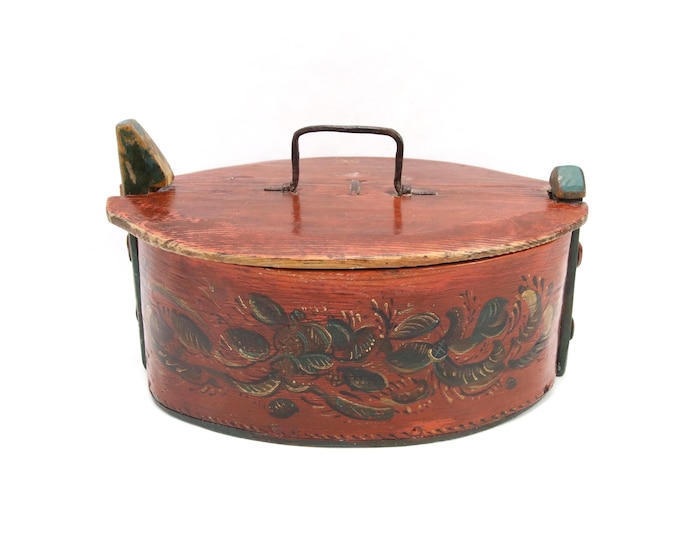 Antique Norwegian Oval Bentwood Box | 19th Century Folk Art Rose Painted | Scandinavian Wooden Storage Box with Rich Patina