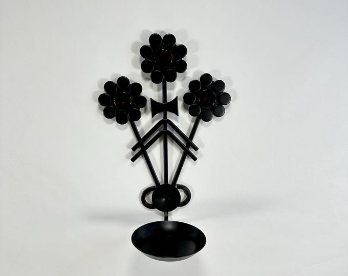 Vintage Danish Mid Century Modern Wall Candle Holder - Black Metal & Orange Glass - Dantoft Denmark 1970s