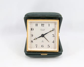 Vintage Imhof Swiss Travel Alarm Clock | 1950s Folding Desk Clock in Green Case | Mechanical 8 Day Style Clock | Mid Century Collector