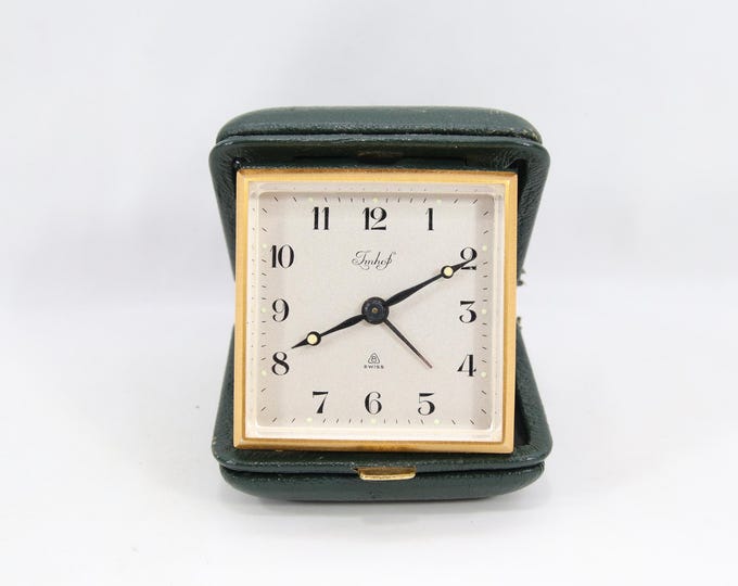Vintage Imhof Swiss Travel Alarm Clock | 1950s Folding Desk Clock in Green Case | Mechanical 8 Day Style Clock | Mid Century Collector