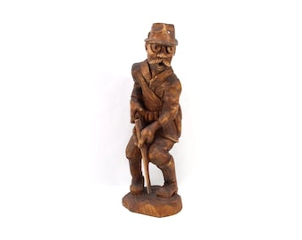 Vintage Norwegian Hand Carved Wooden Hunter Figurine 1950s | Folk Art Rustic Wood Sculpture | Large Mid Century Cabin Lodge Decor