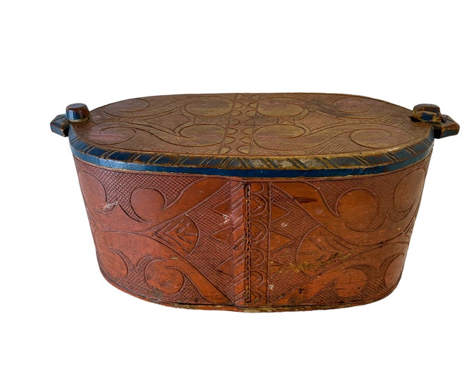 Antique Norwegian tine box - Rare scandinavian handcarved painted box - A real 1800s object