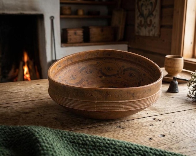 Norwegian Wooden Bowl Dated 1747 | Antique Painted Wood Bowl | 18th Century Folk Art Primitive Scandinavian Museum Collectible Decor
