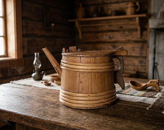 Antique Norwegian Tutekanne Spout Jug with Lid | 19th Century Stave Wood Ale Vessel | Scandinavian Primitive Folk Art Kitchen Decor