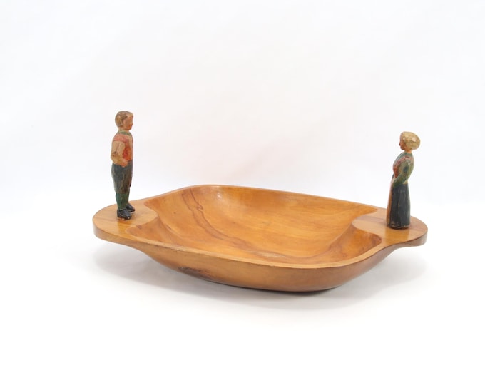 Norwegian Folk Art Wooden Bowl | Hand-Carved Figures Tray | Mid-Century Scandinavian Decor | Rustic Nordic Centerpiece | Vintage Wood Craft