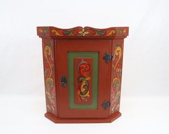 Vintage Norwegian Corner Cabinet | 1970s Hand Painted Rosemaling Folk Art | Scandinavian Wall Cupboard | Rustic Nordic Home Decor