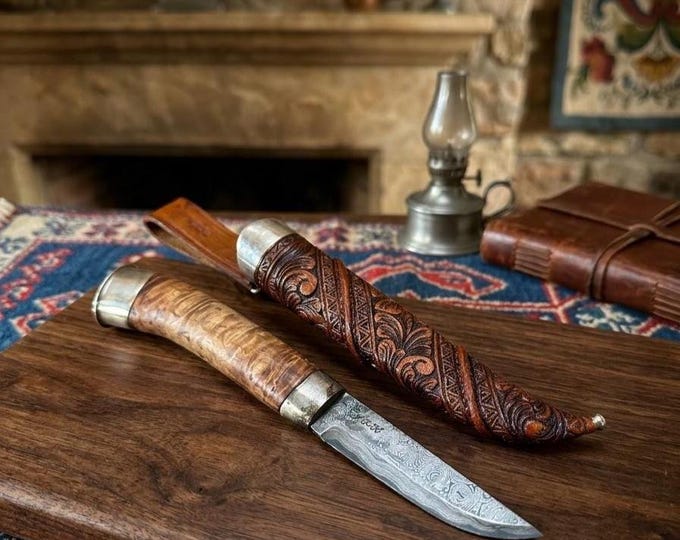 Norwegian Damascus Steel Knife by L.K.K | 925 Silver & Flame Birch Handle | Hand Carved Leather Sheath | Nordic Folk Art Collectible