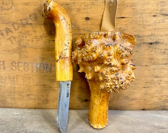 Norwegian Knife 1970s S T Tinn Signed | Burl Wood Handle Hand Carved | Figured Wood | Folk Art Collectible