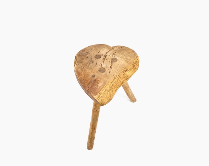 Antique Norwegian Heart Stool 1800s | Hand Carved Rustic Farmhouse Furniture | Scandinavian Folk Art Decor
