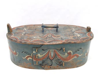 Antique 1720s Norwegian Tine Box | Dated 1722 Hand Painted Rosemaling Oval Bentwood Folk Art Chest