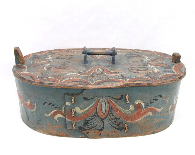 Antique Norwegian Tine Box | Dated 1722 Folk Art | Hand Painted Rosemaling | Oval Bentwood Chest | Scandinavian Collectible Decor