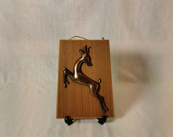 Vintage 1960's Handmade Folk Art Copper Reindeer Sculpture on Wooden Base