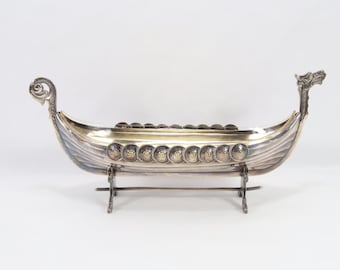 Danish Viking Ship Bowl Early 1900s Astral Eneret | Silver Plate Dragon Longship | Hand Blown Glass Liner | Nordic Centerpiece