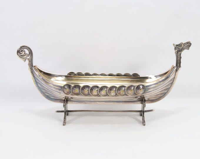 Danish Viking Ship Bowl Early 1900s Astral Eneret | Silver Plate Dragon Longship | Hand Blown Glass Liner | Nordic Centerpiece