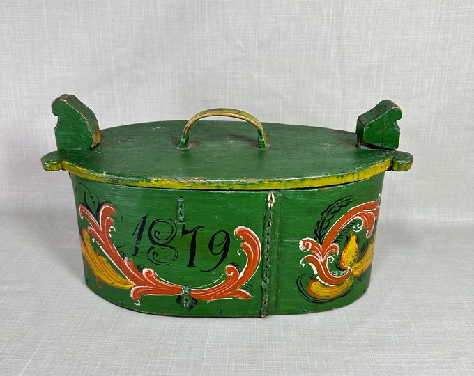 19th Century Norwegian Tine Bentwood Box with Telemark Rose Paint - 1879