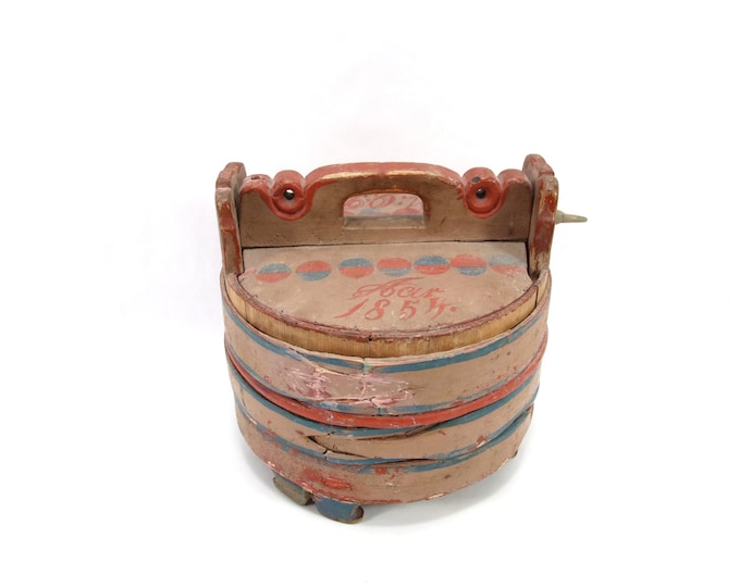 Antique Norwegian Bentwood Box | Dated 1854 Nygaard Folk Art | Hand Painted Red & Blue Bands | Round Scandinavian Wooden Storage Box