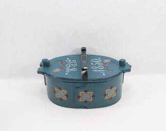 Antique Norwegian Bentwood Box, Dated 1850 - Blue Hand-Painted Folk Art
