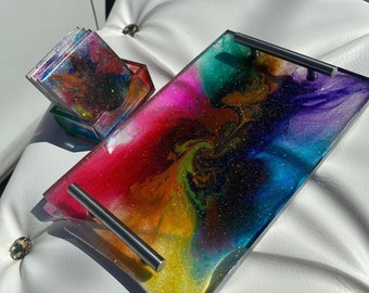 Handmade, Tray and coasters, resin art, Rainbow, Cutomized