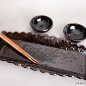 Handcrafted black sushi serving dish with 2 small bowls, also great for a small charcuterie plate, crackers, bread or a gift for someone. image 1