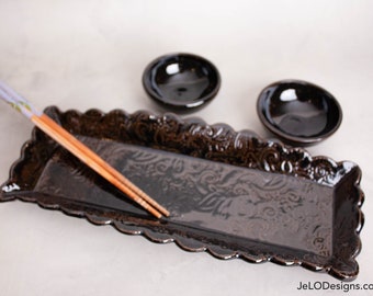 Handcrafted black sushi serving dish with 2 small bowls, also great for a small charcuterie plate, crackers, bread or a gift for someone.