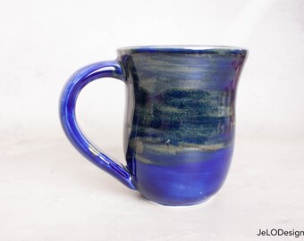 Handmade blue ceramic mug with a great handle from JeLO Designs Pottery